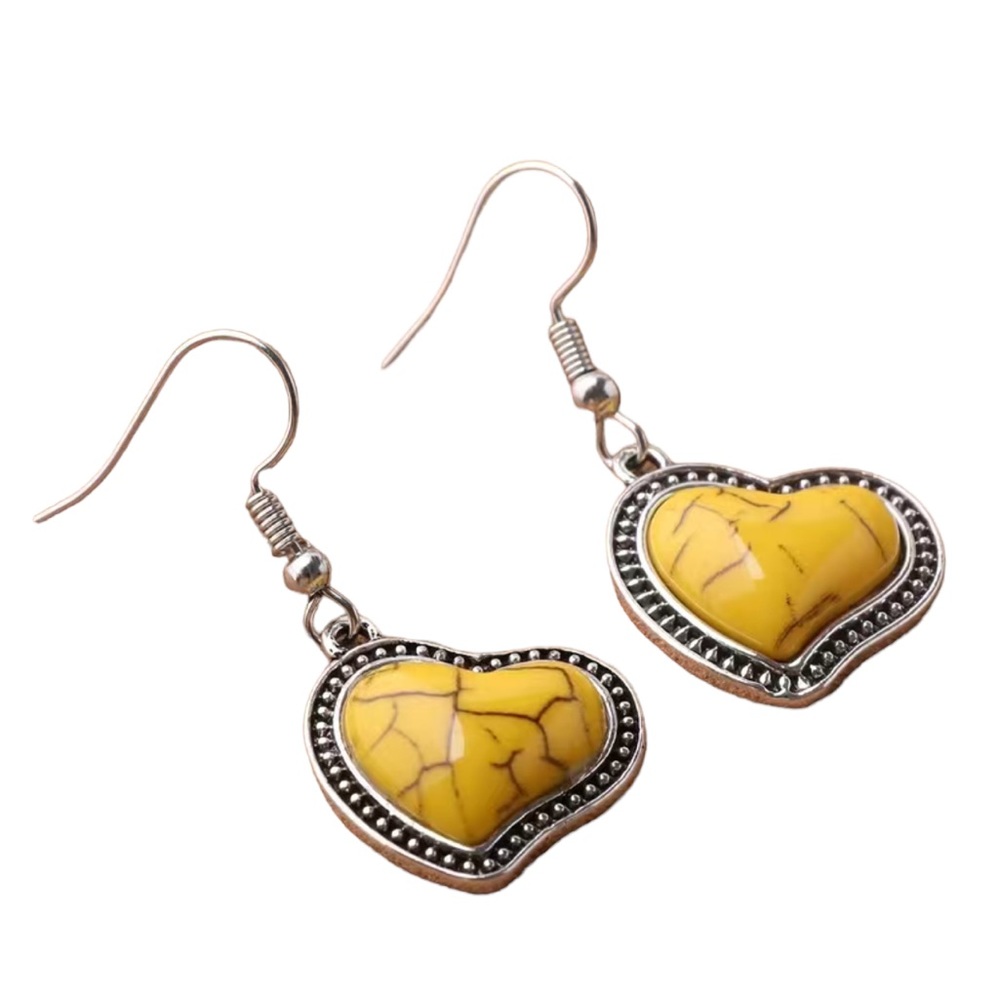Antique Silver and Yellow Turquoise Heart Drop Earrings